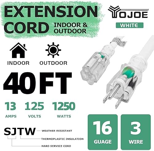 YOJOE Indoor Outdoor Extension Cord with Lighted End, 3 Prong 13A Weatherproof Power Cord, 16 Gauge Heavy Duty 40 ft White Extension Cord for Garage, Garden and Home, 16/3 SJTW UL Listed - Image 2