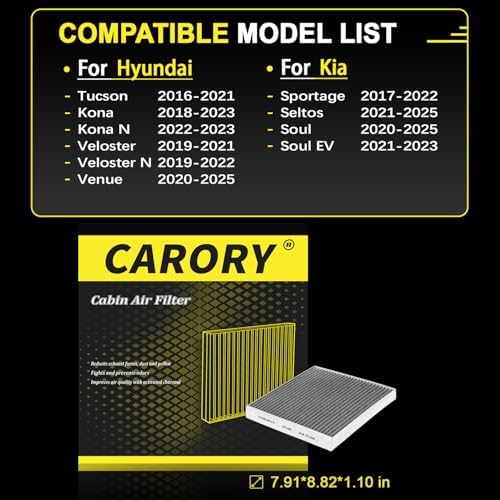 Cabin Air Filter w/Activated Carbon for Hyundai Kona 18–23, Tucson 16–21, Veloster 19–21, Veloster N 19–22, Venue 20–25, Kia Seltos 21–25, Soul 20–25, Soul EV 21–23, Sportage 17–22, and More, CF160 - Image 3