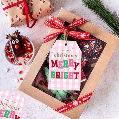 joycraft 50Pcs Christmas Tags with String, Pink Plaid Merry Christmas Tags - Image 4