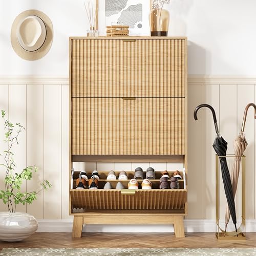 HUANLEGO Shoe Cabinet Storage for Entryway with 3 Flip Drawers, Fluted Narrow Shoe Organizer with Wooden Legs, Freestanding Slim Shoe Storage Hidden Shoe Rack Organizer for Front Door Entrance, Oak - Image 3