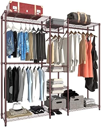 XIOFIO 6 Tiers Heavy Duty Garment Rack,Clothing Storage Organizer, Metal Clothing Rack,Clothing Rack with Hanging Rod,Adjustable Shelf and Fixed Baskets,60.7"L x 15.7"W x 70.5"H Max Load 720LBS,Bronze by XIOFIO