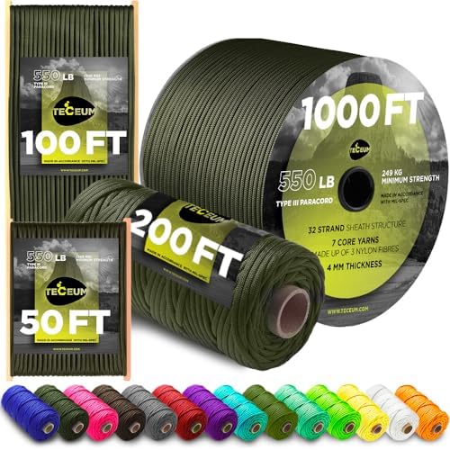 Paracord Rope 550 lb 4mm – Parachute Cord – Utility Camping Rope by TECEUM