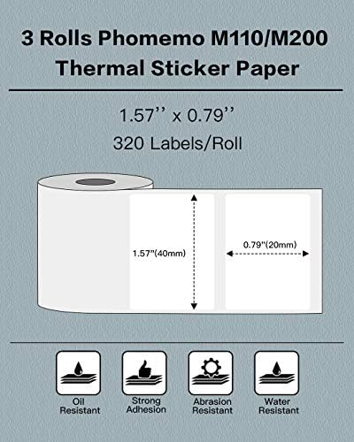Phomemo Labels- 3 Rolls M110 Label Thermal Paper for M110/M220/M221/M120/M200, 1.57'' x 0.79'' (40x20mm)- Multipurpose Square Self-Adhesive Label, 320 Labels/Roll - Image 2