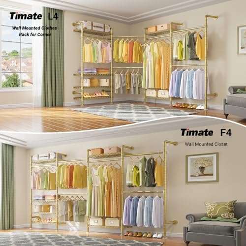 Timate F4 Wall Mounted Clothes Rack Industrial Pipe Clothing Rack for Hanging Clothes, Expandable Garment Rack Heavy Duty Wardrobe Closet Organizer and Storage, Adjustable Industrial Closet Kit, Gold - Image 2