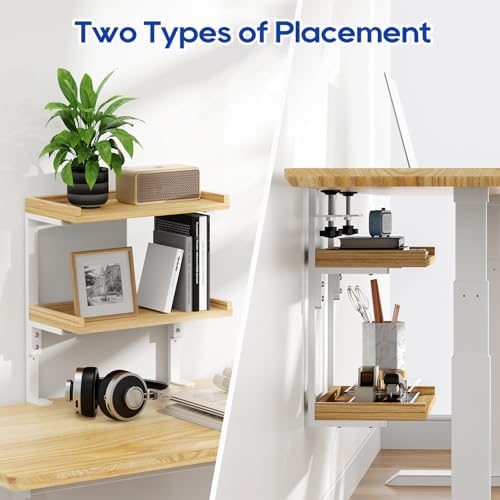 Clamp On Desk Shelf 2-Tier, 12.6 inch Wood Shelving Unit for Office Desk/Gaming Accessories, Tabletop Book Storage Rack, Shelf for Top & Under of Desk, Natural - Image 4