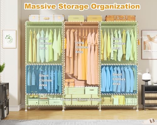 ULIFHOME E14 Pro Heavy Duty Clothes Rack，Freestanding Clothing Racks for Hanging Clothes，Adjustable Closet Organizers and Storage，Metal Garment Rack with Shelves 69"W x16"D x77"H，Max Load 960LBS，Gold - Image 3