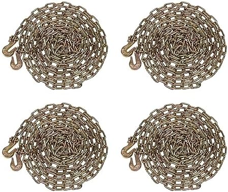 (4 Pack) 1/4" x 20' Transport Binder Chain Grade 70 with Grab Hook - 3150 LBS WLL Transport Binder Tow Chain with Hooks - Towing Equipment - Gold Chromate by MyteeProducts