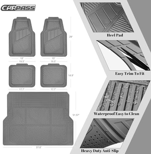 CAR PASS Heavy Duty Rubber Floor Mats Gray Car Mats Full Set with Trunk Cargo Liner - Universal Waterproof Floor Mats for Car SUV Truck, Durable All Weather Automotive Liner Mats (All Gray) - Image 2