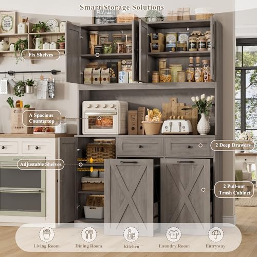 HOSTACK 71" Kitchen Pantry with 12.5 Gallon Double Trash Can Cabinet, Grey - Image 5
