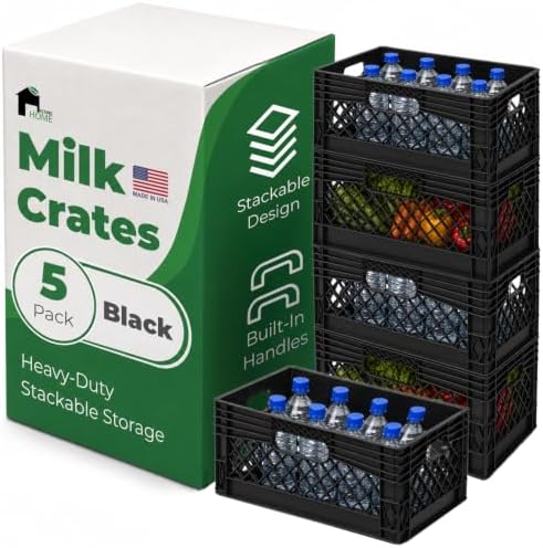 EconoHome Milk Crate - Stackable Storage Crate with Built-In Handles - Heavy Duty Plastic Material - Ventilated Organizer Bin for Garage, Pantry, Classroom, Office & Moving - Black, 19x13x11, 5-Pack by EconoHome