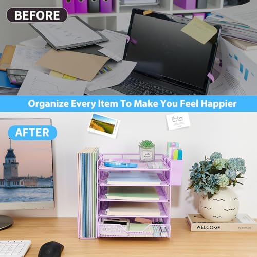 5-Tier Desk File Organizer with Drawer & Pen Holder (Purple) - Image 4