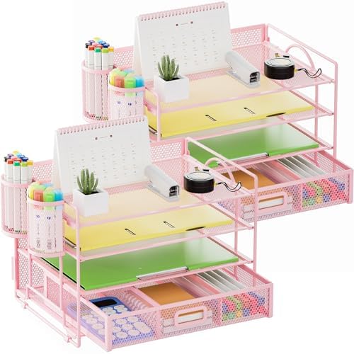 Marbrasse Desk Organizer, 4-Tier Paper File Letter Tray, Pink-2P by Marbrasse