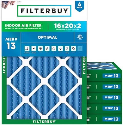 Filterbuy 16x20x2 Air Filter MERV 13 Smoke & Allergy Defense (6-Pack) by Filterbuy