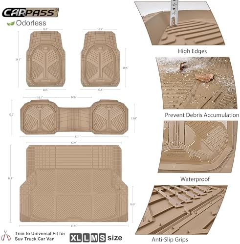 CAR PASS Heavy Duty Rubber Car Mats with Cargo Liner, Deep-Dish Car Floor Mats and Trunk Mat All Weather, Universal Trim-to-Fit for SUVs Trucks Sedans, Waterproof Anti-Slip, Trimmable V12 Beige - Image 5