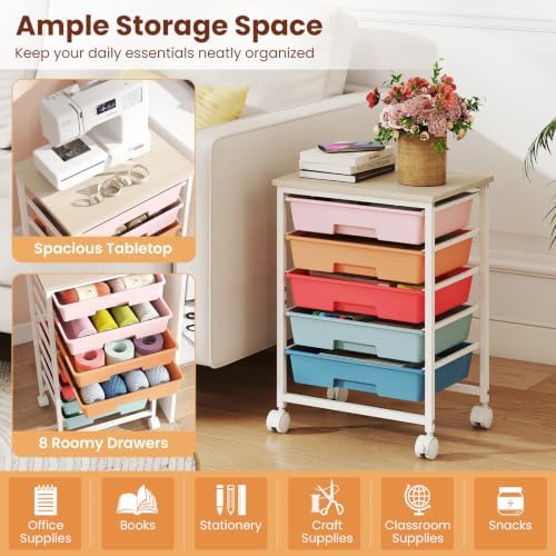 Giantex 5 Drawers Rolling Cart with Wheels, Wood Top, Sturdy Frame - Image 7