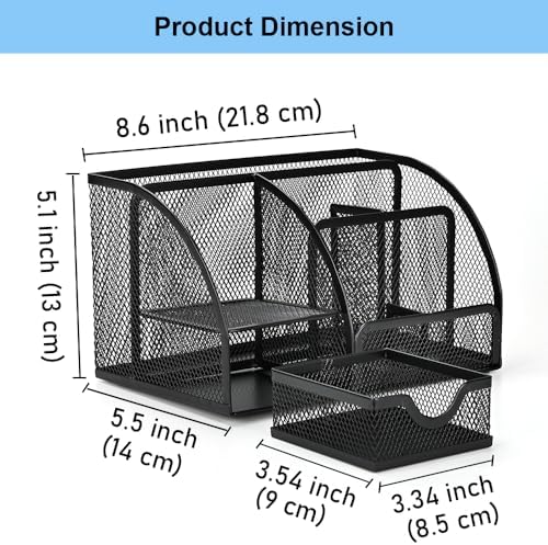 Desk Organizer Stationery Storage, Pencil Holder for Desk, Wire Mesh Office Supplies Journals Notebooks Organizers with 7 Compartments and Mini Drawer (Black) - Image 2