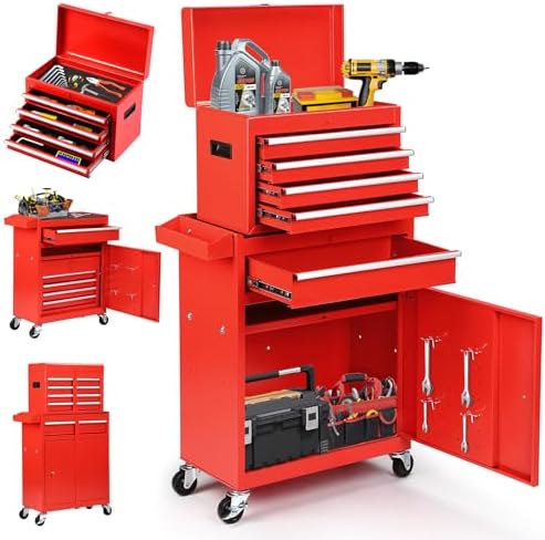 Dawmilon 5-Drawer Rolling Tool Chest with Wheels - High Capacity Tool Cabinet with Detachable Top Toolbox for Garage and Workshop Organization - Metal Tool Cart with Liner & 4 Hooks, Red - Image 3