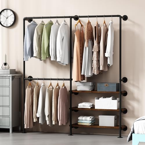Industrial Pipe Clothes Rack, Wall Mounted Clothing Rack with Shelves, Heavy Duty Closet Organizers Wardrobe Multi-Purpose Storage Clothes Hanging Shelf-70.8''L Black by Unknown