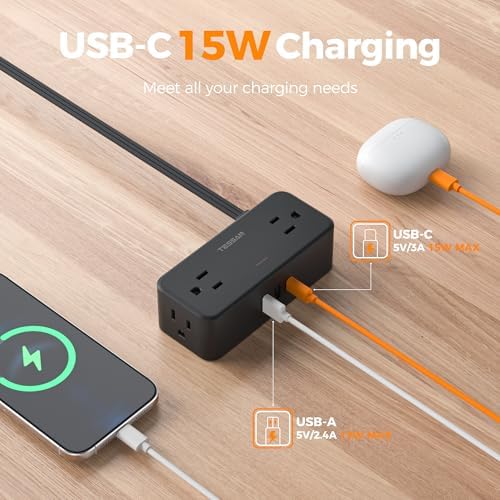 TESSAN Extension Cord 5 FT, Power Strip with 900J Surge Protection, Black - Image 4