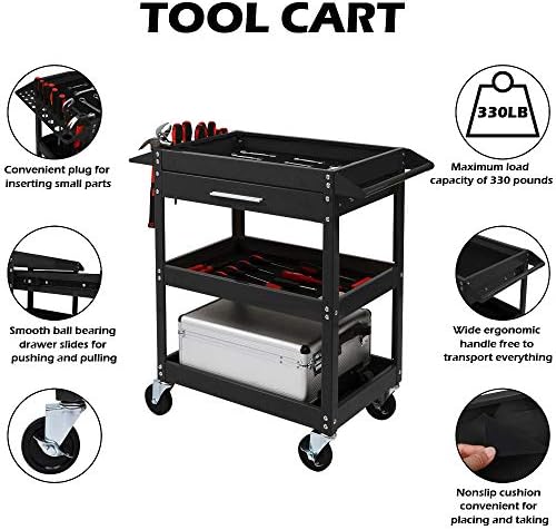 TUFFIOM 3 Tier Rolling Tool Cart on Wheels with Drawer, 330 LBS Capacity, Heavy Duty Commercial Utility Tool Service Cart, Tool Organizer for Mechanic, Garage, Warehouse & Repair Shop - Image 3