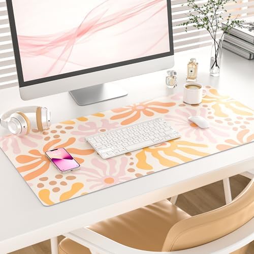 Faux Leather Large Mouse Pad, Office Desk Mat, 31.5"x15.7", Wavy Flowers - Image 2