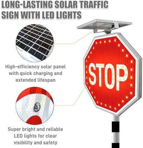 24" Solar Stop Sign with LED Flashing Lights, Traffic Street Road Stop Warning Sign Solar Powered with Aluminum Frame and Engineered Reflective film, High Visibility & IP65 Wateproof for Outdoor - Image 2