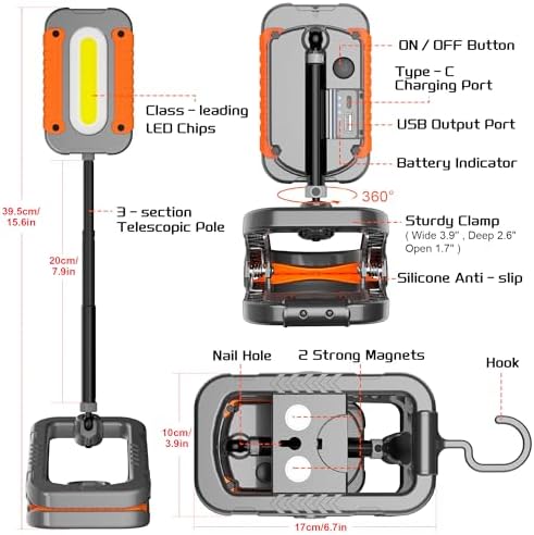 Molrebe Rechargeable Clamp Work Light, 3000LM, Magnetic, Telescopic, 1 Pack - Image 6