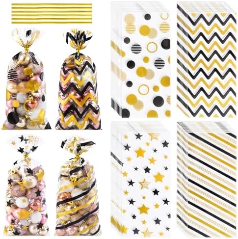 COQOFA Black Gold 5"X11" Gift Wrap Cellophane Cello Bags: Clear Candy Cookie & Plastic Goodie Storage Treat Party Favor Bags with Twist Ties - 100 Pcs for Graduation, Birthday & Retirement by COQOFA
