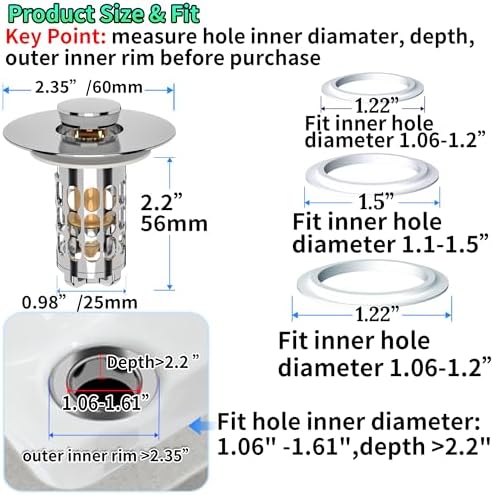Bathroom Sink Stopper Drain Hair Catcher,3 in 1 Bathroom Sink Drain Strainer with Anti-Clogging Filter Basket,Sink Stopper Bathroom Drain for 1.06"~1.61" Drain Hole 2 PCS(Silver Chrome) - Image 6