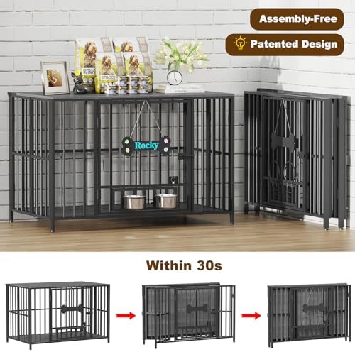 Easycom 43" Dog Crate Furniture Foldable, No Assembly Decorative Dog Kennel Indoor, XL Dog Crates for Large Dogs (60-80 lbs), Wooden Dog Cage with Adjustable Bowls and Name Tag, Dark Grey - Image 2