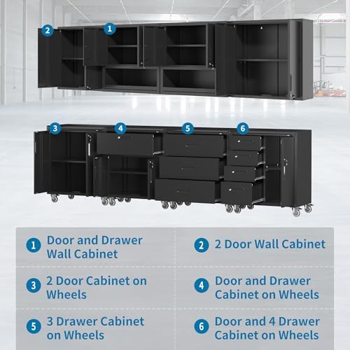 Black Garage Storage Cabinets System 8PCS Workshop Set with Drawers Locking Heavy Duty Rolling Cart with Adjustable Shelves Garage Tool Workbench Cabinets,8pcs-2 - Image 6