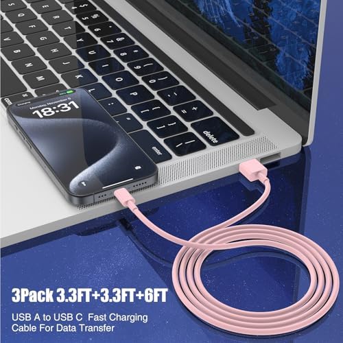 3-Pack Pink [3.3FT+3.3FT+6FT] USB A to USB C Cable，USB to USB C Car Carplay Cable for iPhone 16 15 Pro Plus Pro Max，for iPad Pro/Air/Mini，for Samsung S24/S23/S22/S21，for MacBook Pro/Air and More - Image 4