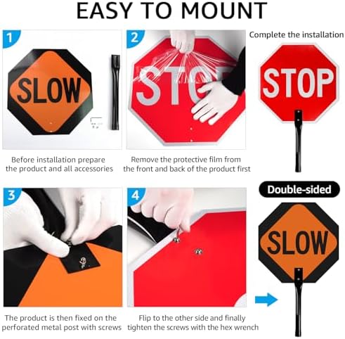 GicnKeuz 1 Pack Stop Slow Sign with Metal Handle, 18x18 inches Double Sided Slow/Stop sign, Traffic Reflective Aluminum Sign, Fade Resistant/Waterproof, Easy to Mount (Red & Orange) - Image 4