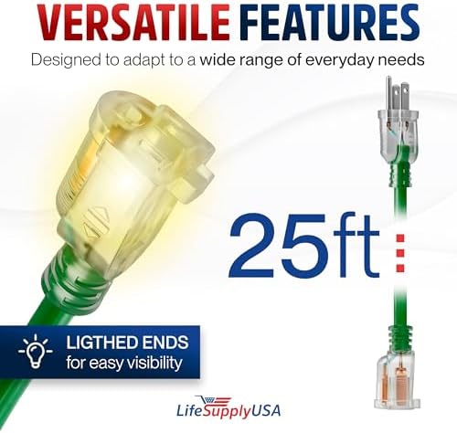 25ft Outdoor/Indoor Extension Cord 10/3 Gauge Ultra Heavy Duty 3 Prong SJTW, Waterproof, Flexible Cold-Resistant Long Power Cord,15A 125V 1875W, Green by LifeSupplyUSA - Image 6