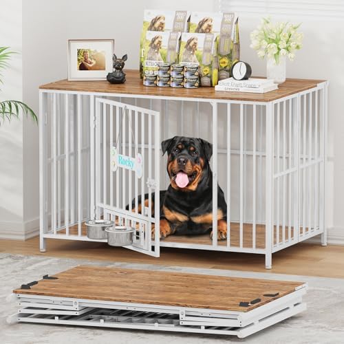 Easycom 43" Dog Crate Furniture Foldable, No Assembly Decorative Dog Kennel Indoor, XL Dog Crates for Large Dogs (60-80 lbs), Wooden Dog Cage with Adjustable Bowls and Name Tag, White & Beech by EasyCom