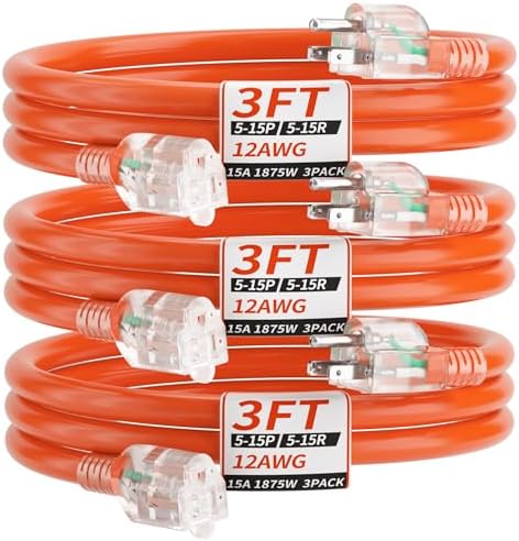 PlugSaf 3FT 3Pack 12 Gauge Extension Cord, Short Extension Cord, Orange by PlugSaf