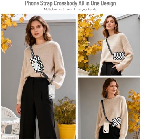 Tiostep Clip and Go Strap for Phone with Wallet Crossbody Phone Lanyard Adjustable and Detachable RFID Wristlet Wallet (Black White Checkered, Medium) - Image 4