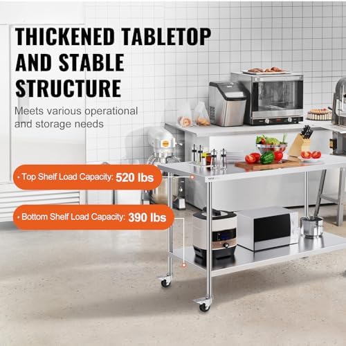 VEVOR Stainless Steel Work Table 30 x 60 x 38 Inch, with 4 Wheels, 3 Adjustable Height Levels, Heavy Duty Food Prep Worktable for Commercial Kitchen Restaurant, Silver - Image 5