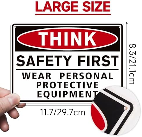 Think Safety First Sign Stickers,Waterproof Durable Wear Personal Protective Equipment Warning Sign,Safety Signs for Workplace, Laboratory Construction Area& Industry Door (Red) - Image 2