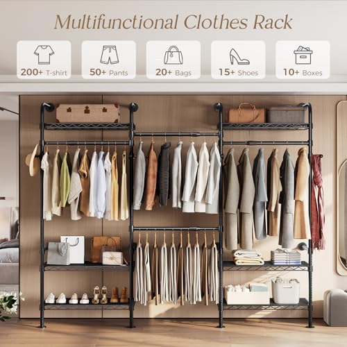 Wall Mounted Closet System, Heavy Duty 3-Row Clothes Rack, Expandable Industrial Pipe Closet Organizers and Storage with 4 Telescopic Rods, 4 Hooks & 6 Shelves for Wardrobe, Bedroom - Image 4