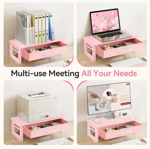 Desk Organizers and Accessories, Computer Monitor Stand Riser with Fabric Drawer, 2-Tier Laptop Stand for Desk, Office Organization Accessories, Pink - Image 7