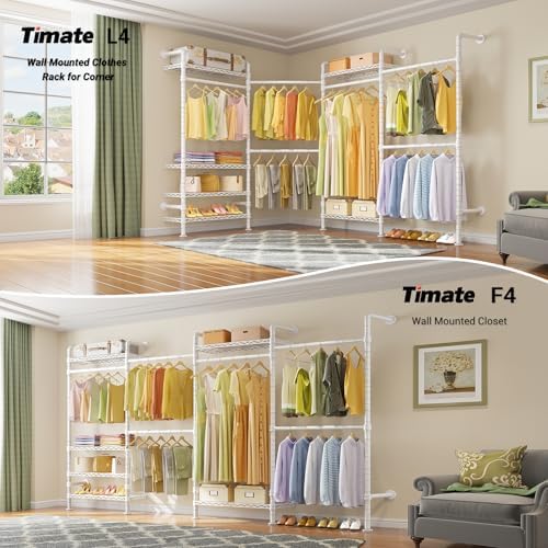 Timate F4 Wall Mounted Clothes Rack Industrial Pipe Clothing Rack for Hanging Clothes, Expandable Garment Rack Heavy Duty Wardrobe Closet Organizer and Storage, Adjustable Industrial Closet Kit, White - Image 2