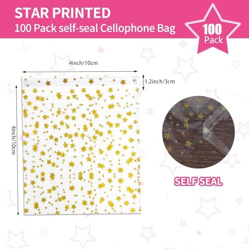 COQOFA 100 Pcs Star Printed Sealable Gift Wrap Cello Cellophane Bags Self sealing Adhensive Treat Bags Party Favor bags (4x4inch, Gold) - Image 2