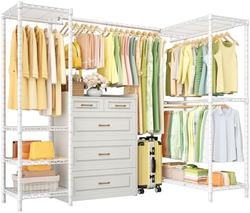 ULIFHOME E10L L-Shaped Clothes Rack for Corner（With Expandable Hanger Rod）Heavy Duty Freestanding Clothing Racks for Hanging Clothes，Portable Garment Rack 58-82"W x 30"D x 72"H，Max Load 900LBS, White by UlifHome
