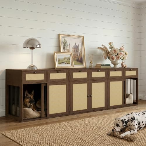 PureCozy 3-Piece Double Dog Crate Furniture, 120 Inch, Dark Oak by PureCozy
