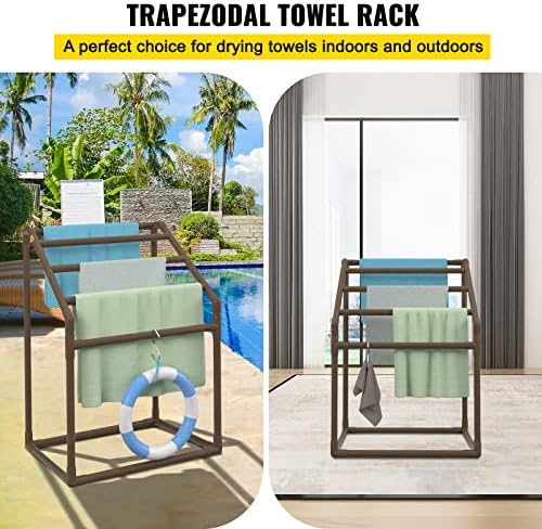 VEVOR Pool Towel Rack, 5 Bar, Brown, Freestanding Outdoor PVC Trapedozal Poolside Storage Organizer, Include 8 Towel Clips, Mesh Bag, Hook, Also Stores Floats and Paddles, for Beach, Swimming Pool - Image 2