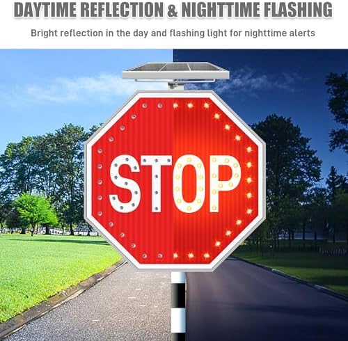 24" Solar Stop Sign with LED Flashing Lights, Traffic Street Road Stop Warning Sign Solar Powered with Aluminum Frame and Engineered Reflective film, High Visibility & IP65 Wateproof for Outdoor - Image 5
