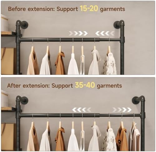 T1 Wall Mounted Closet System, Industrial Pipe Clothing Rack with 6 Wooden Shelves & 4 Telescopic Rods, Heavy Duty Closet Organizers and Storage in Wardrobe Closet (Rustic Brown) - Image 4