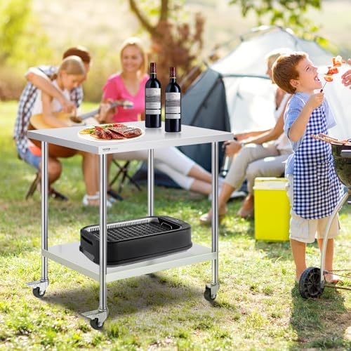 VEVOR Stainless Steel Work Table 30 x 36 x 38 Inch, with 4 Wheels, 3 Adjustable Height Levels, Heavy Duty Food Prep Worktable for Commercial Kitchen Restaurant, Silver - Image 2