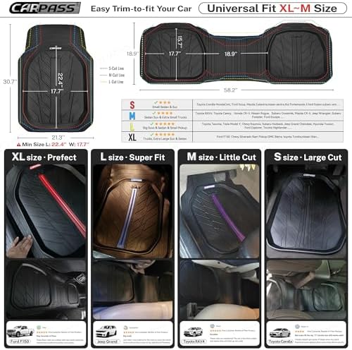 CAR PASS DeepDish Heavy Duty Rubber Floor Mats 3-Piece, Universal M-XL Size Trim-to-Fit Automotive Floor Mats for Truck Van SUV, Durable Waterproof All Weather Car Mats (Solid Black) - Image 6